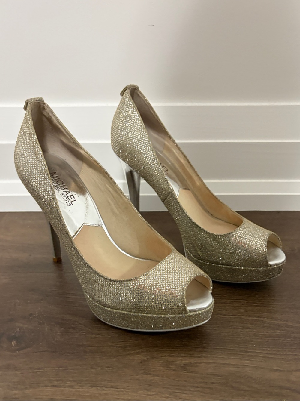 Used Michael Kors Silver Glitter Peep-Toe Platform Pumps - 8